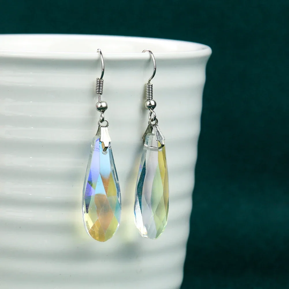 AB colour Rainbow Long Tear water Drop Glass Crystal Earring Faceted Ear Hook Murano Woman Wedding Party Dangle Jewelry Gift