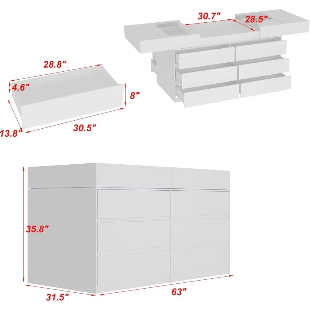 Bedroom Island with Extendable Glass Top, Wardrobe Closet with 12 Handle-Less Drawers,Walk-in Closet Island Dresser for Bedroom