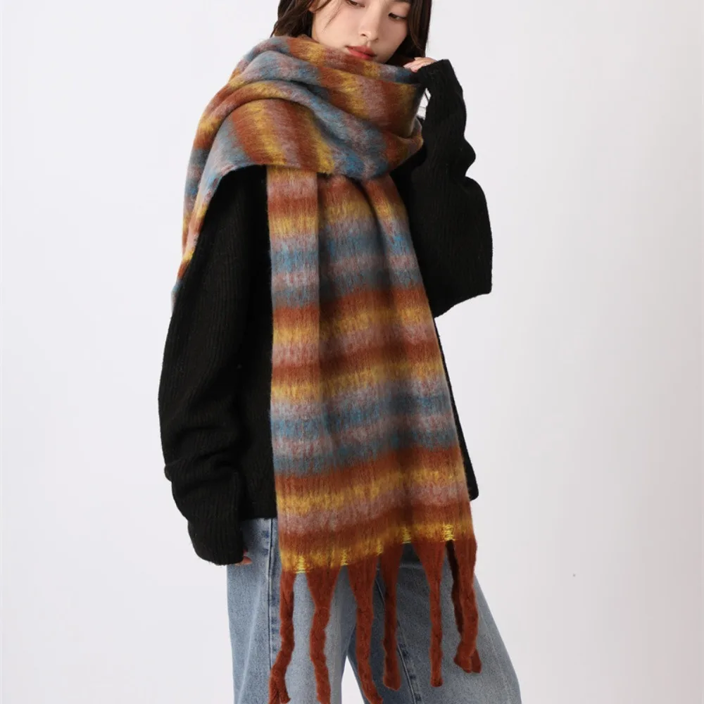 

Elegant Mohair Plaid Wool Scarf Plush Tassel Winter Cashmere Scarves Korean Style Warm Long Shawl Autumn Winter