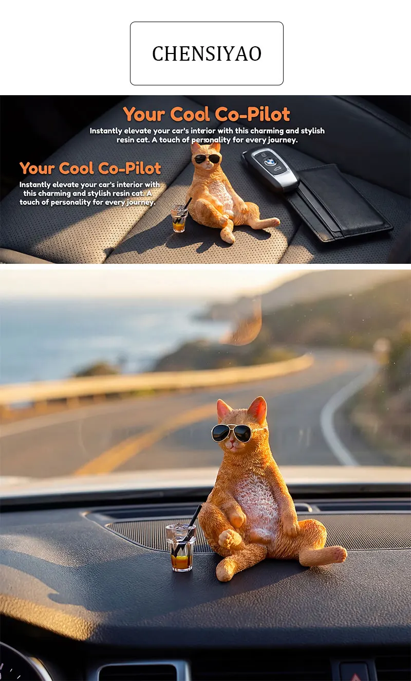 Harz-Figur: Fauler Katzen-Auto-Dekor für das Armaturenbrett – Coole Katzenfigur mit Getränk, niedliches Auto-Ornament für Katzenliebhaber & Fahranfänger, Auto-Innendekoration – Detail 1