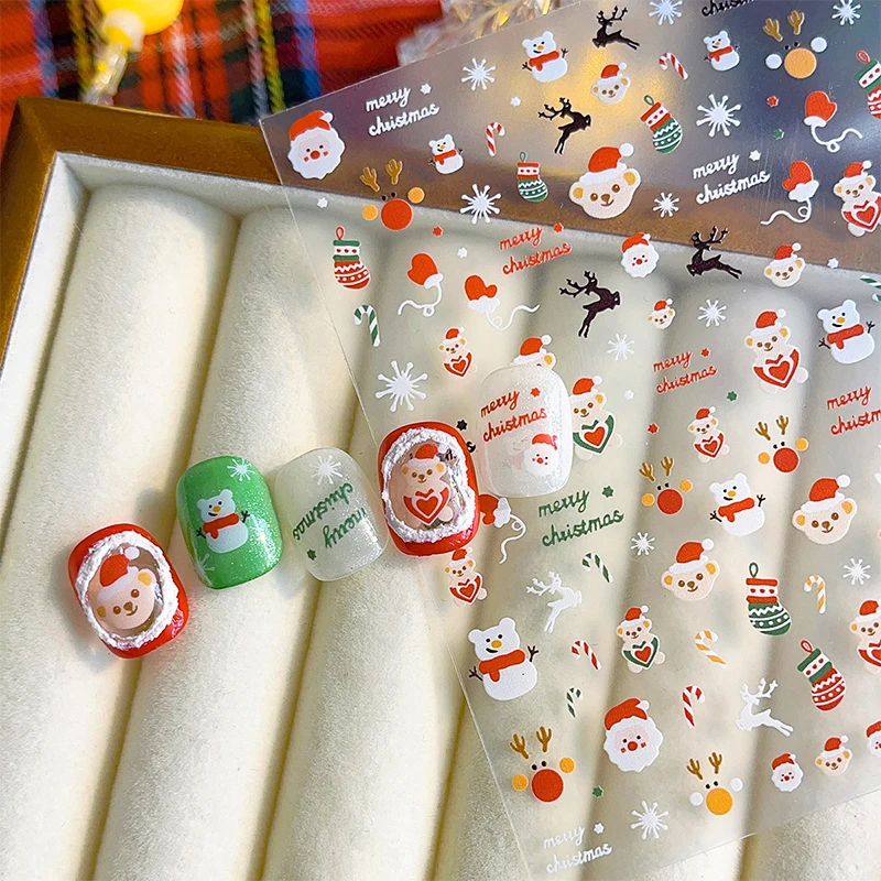 Natal papai noel elk boneco de neve arte do prego adesivos dos desenhos animados bonito decoração do prego decalques natal adesivo manicure adesivos presentes