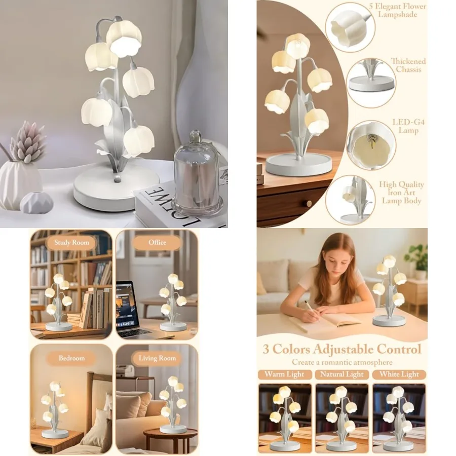 

Flower Lamp for Home, Bedside Vintage Table Lamps, 5 Lily of The Valley Reading Lights, 3 Colors Modes Kawaii Bedside Lamp Deco