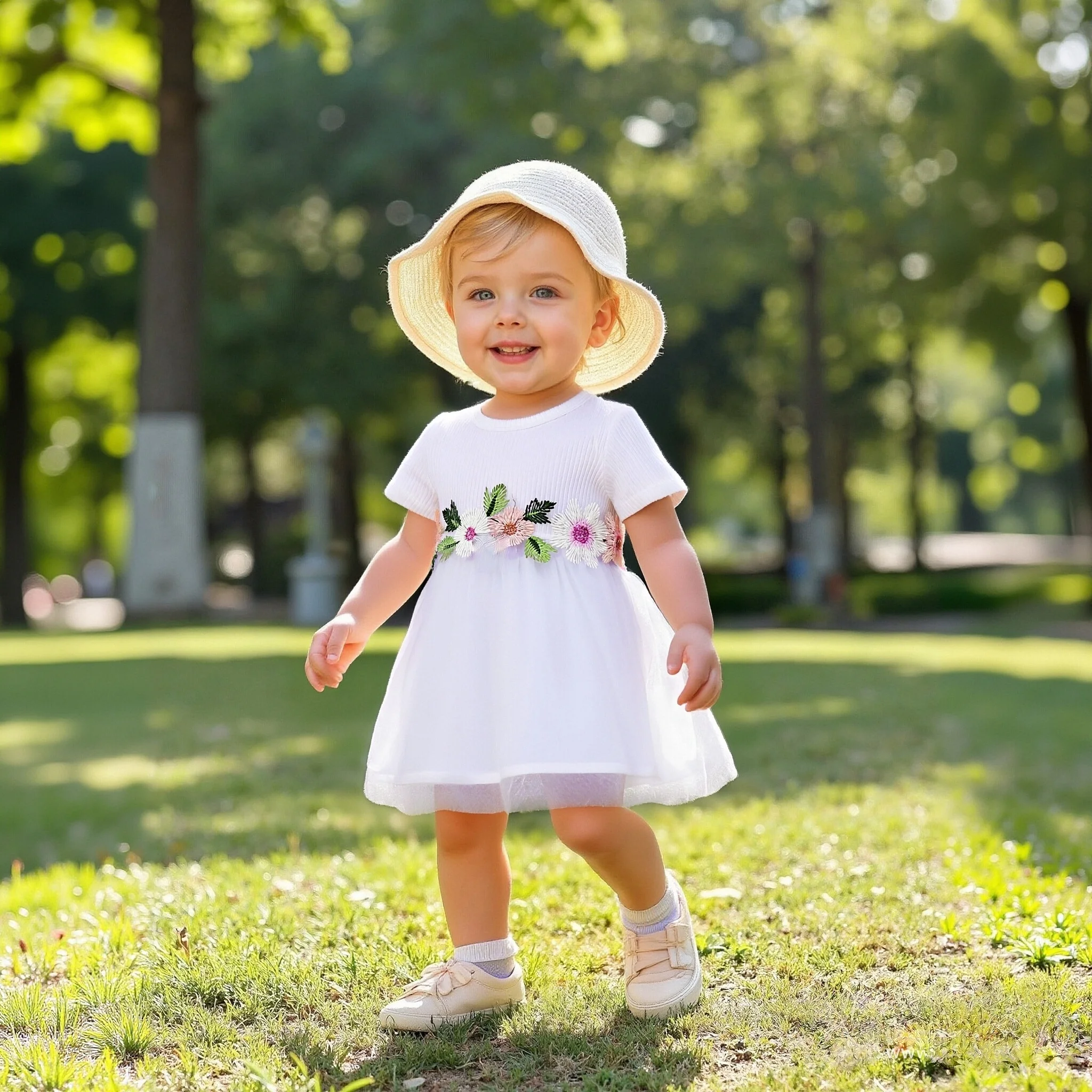 

Baby Girl Dress Summer Knitted Top Waist Embroidered Mesh Girls Dresses Sweet And Casual Baby Clothing Comes With A Bow Headband