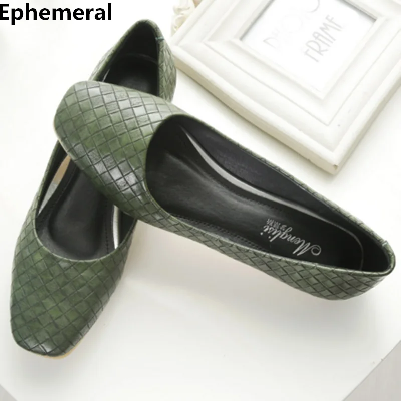 Lady Ballet Flats Soft Sole Square Toe Shoes Women Low Top Slip-on Breathable Loafers Casual Plus Size 43-34 Green Weaving Tacon