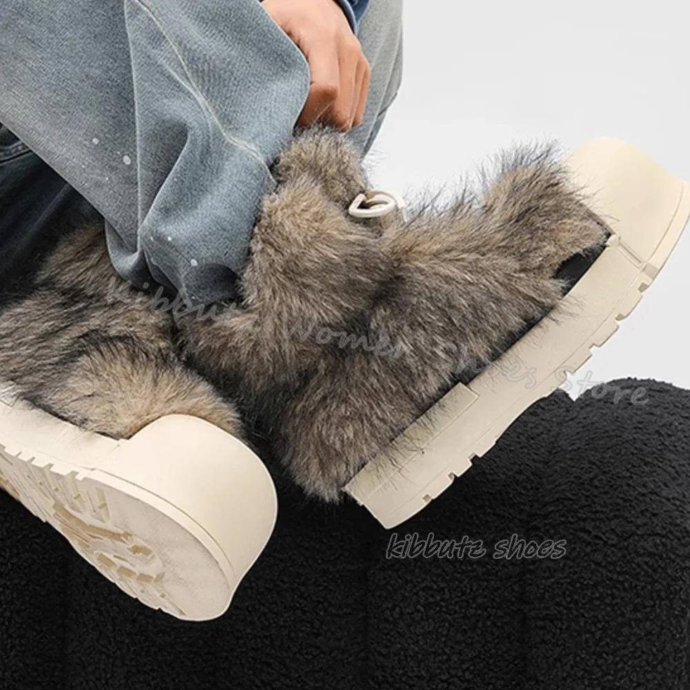 Furry Warm Winter Ankle Boots Snow Platform Round Toe Height Increasing Lace-Up Women Shoes Newest Fashion Novelty Sexy Concise