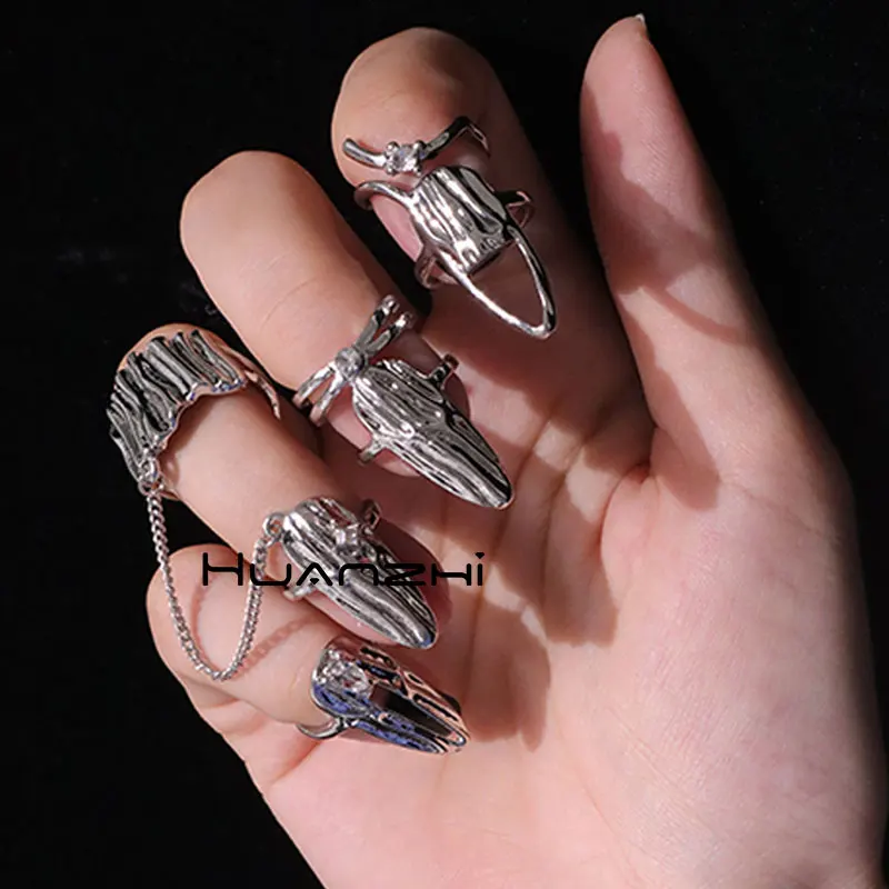 4 Teile/satz CyberPunk Metall Kette Alien Lava Zirkon Schmücken Nagel Ring für Frauen Cool Girl Party Persönlichkeit Y2K Schmuck HUANZHI