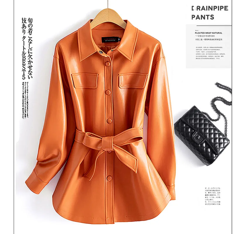 New Formal Leather Jacket Womens Autumn Korean Mid-length Slim Casual Chic Coats Y2K Motorcycle PU Leather Windbreakers Overcoat