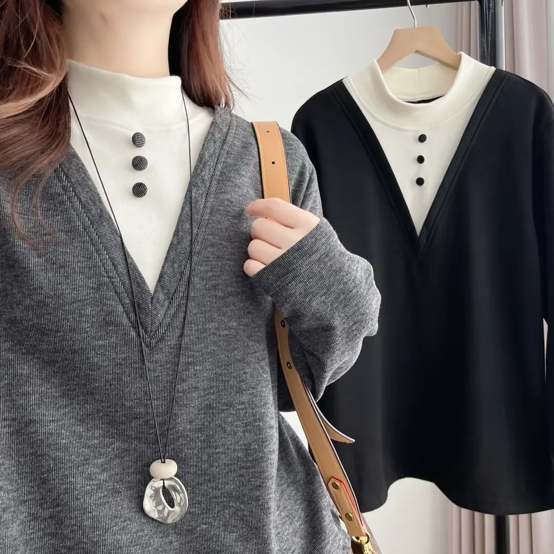 XXXXL mode grande taille femme vêtements T-Shirt automne hiver nouveau Style col montant polaire chaud à manches longues Base hauts 8650