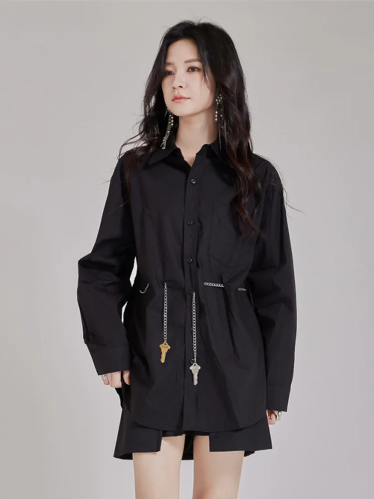 ZMEENNA قميص نسائي أبيض فضفاض مناسب بأزرار وأكمام طويلة وياقة مقلوبة وسلسلة مفاتيح على الموضة غير رسمية ZM4620 #6