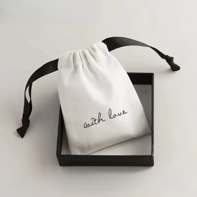 cotton logo printed custom white wholesale pouches gift packaging jewelry drawstring cosmetic bag