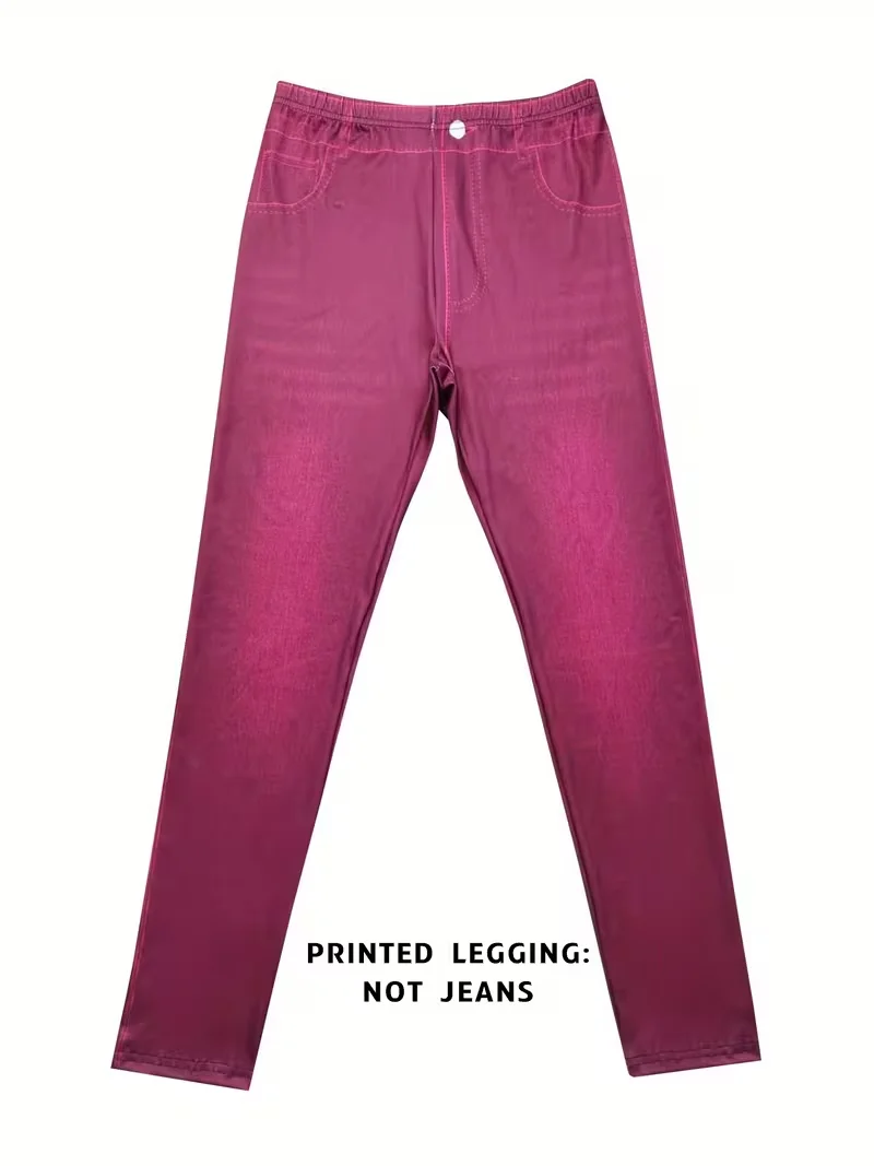 Bedruckte Leggings – kein Denim-Stoff, durchgehend mit einem Denim-Muster bedruckte lange Hosen mit einer aufgesetzten Tasche und Knopfdetails. Neu eingetroffen – Detail 5