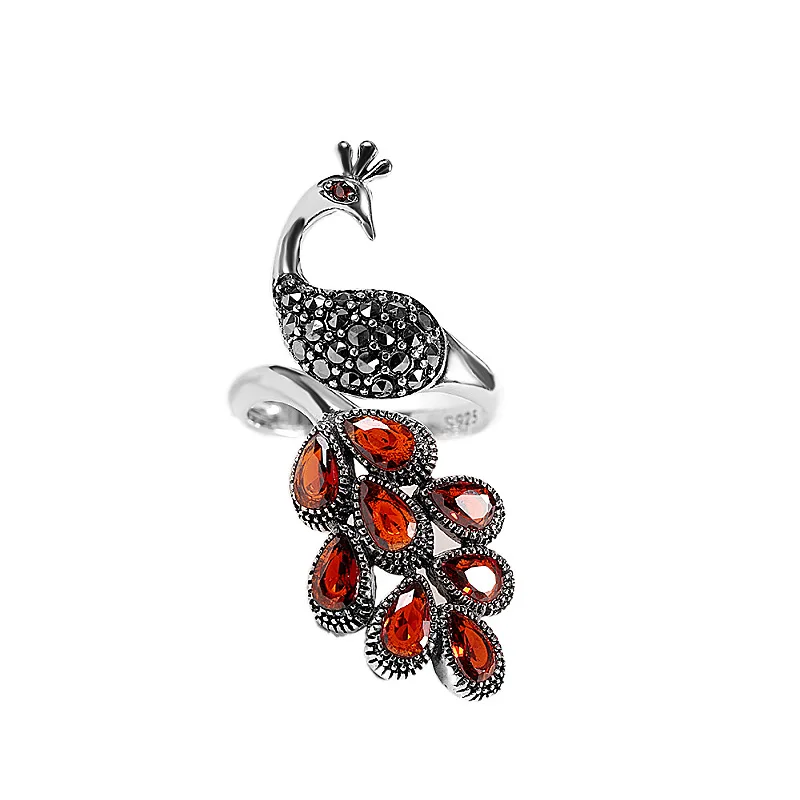 Genuine S925 Sterling Silver Charms Rings for Women New Fashion  Peacock Inlaid Garnet Micro Marcasite Punk Jewelry Wholesale