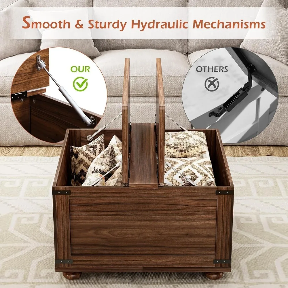 Meja Kopi Lift Penyimpanan untuk Ruang Tamu, Desain Kaki Labu Kayu Persegi dengan Mekanisme Hidrolik