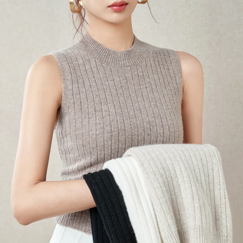 LONGMING Knitted Sleeveless Vests 100% Merino Wool Sweater Women Spring Cashmere Trutleneck Pullover Fashion Top Female Clothing