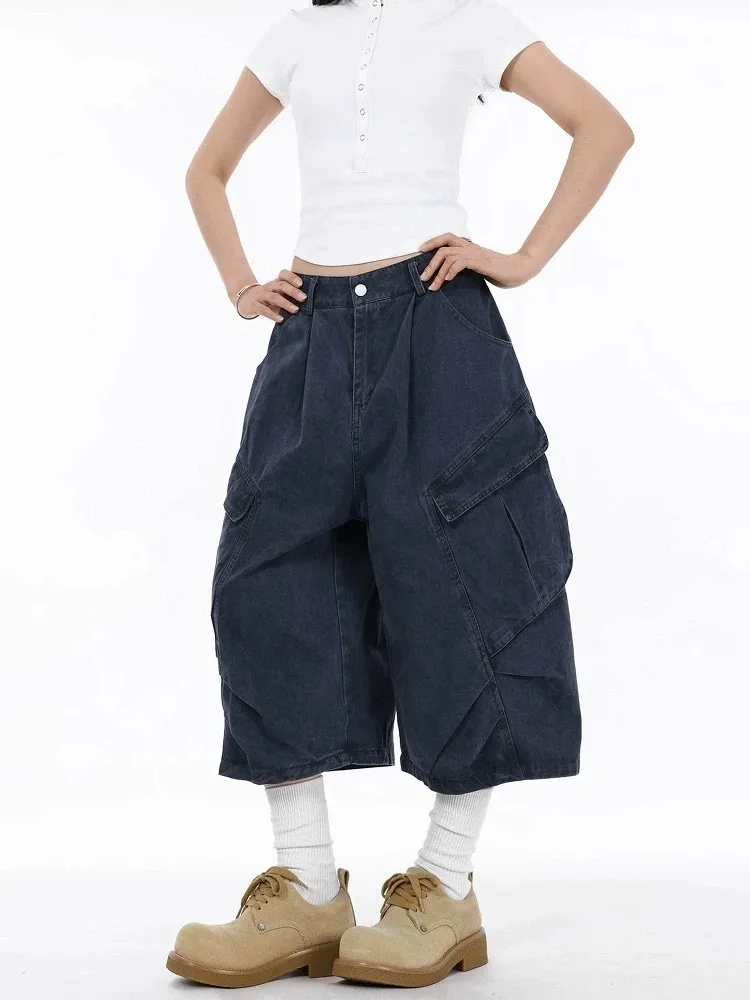 American Retro High Street Large Pocket Design Loose Wide Leg Pleated Workwear Shorts Men's Women's Summer New Style Casual P...