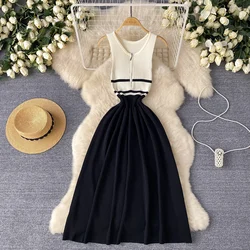 Sexy Chic sweet sleeveless O-Neck Zippers Knit  Dress vintage Elegant Fashion Party PATCHWORK Slim Summer A-line dresses