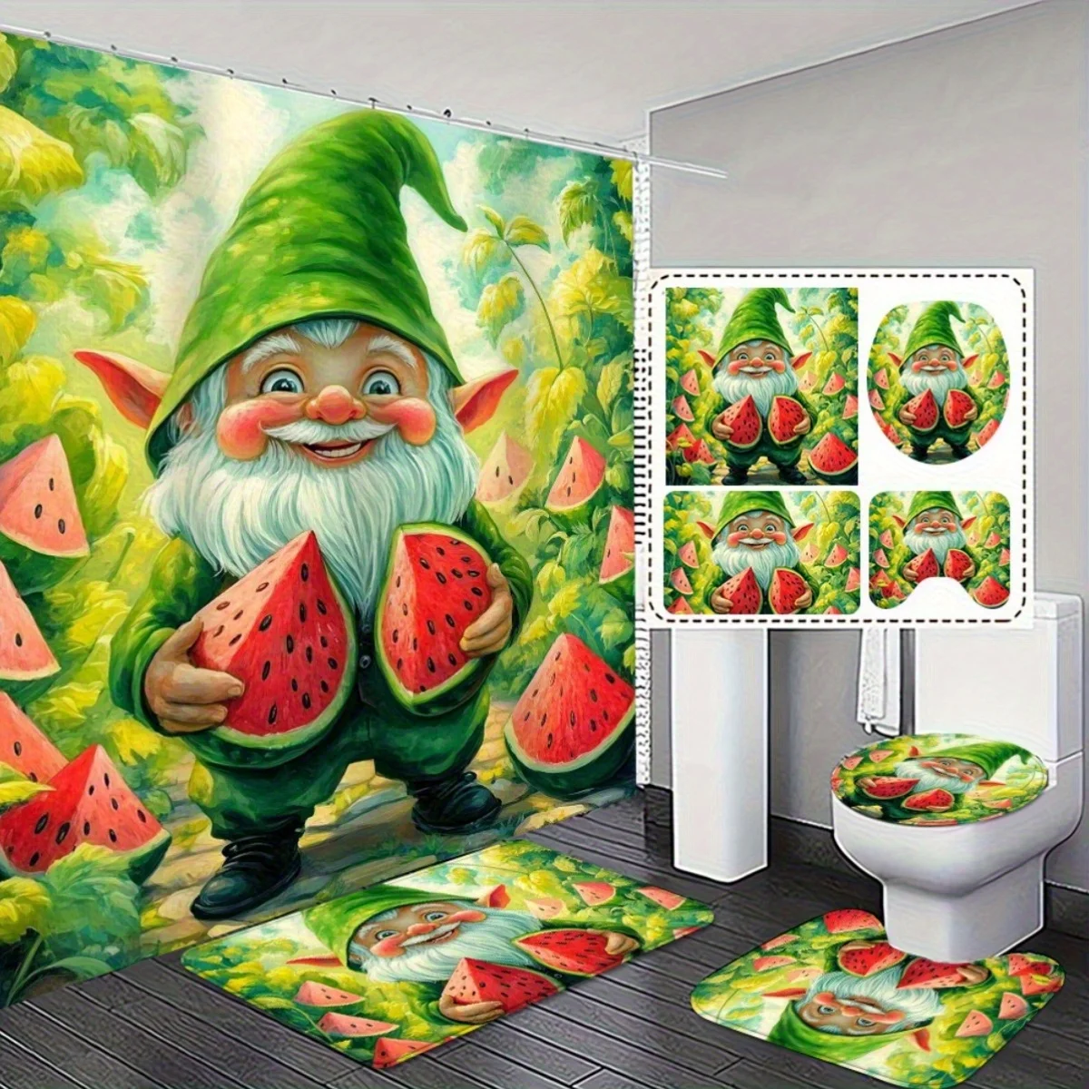 

4шт. Модная занавеска для душа с подходящим набором нескользящих ковриков для ванной — забавный дизайн гнома и арбуза для декора ванной комнаты