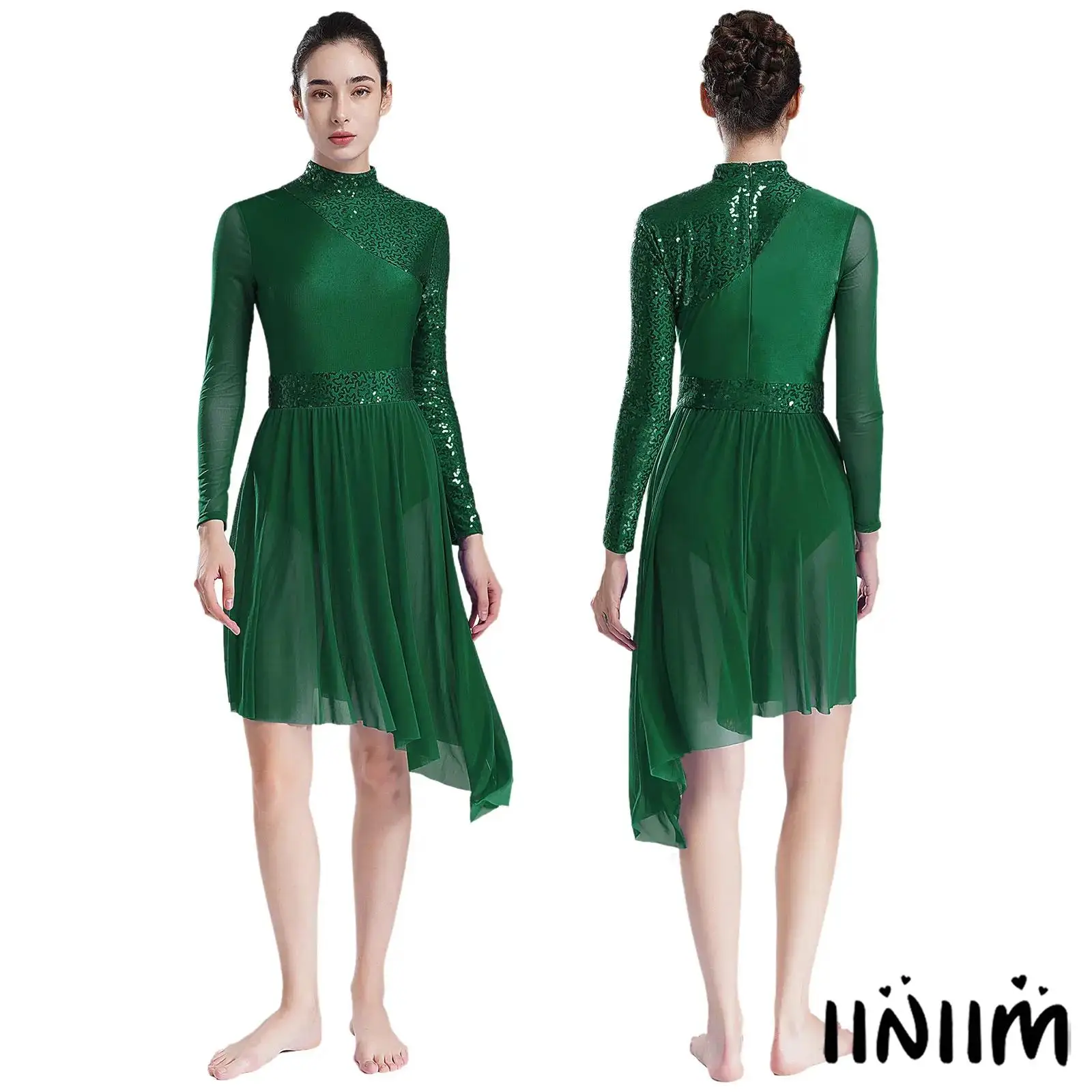 

Ladies Girls Sequin Splice Lyrical Modern Ballroom Dance Tulle Skirt Leotard Irregular Hem Contemporary Praise Dance Costume