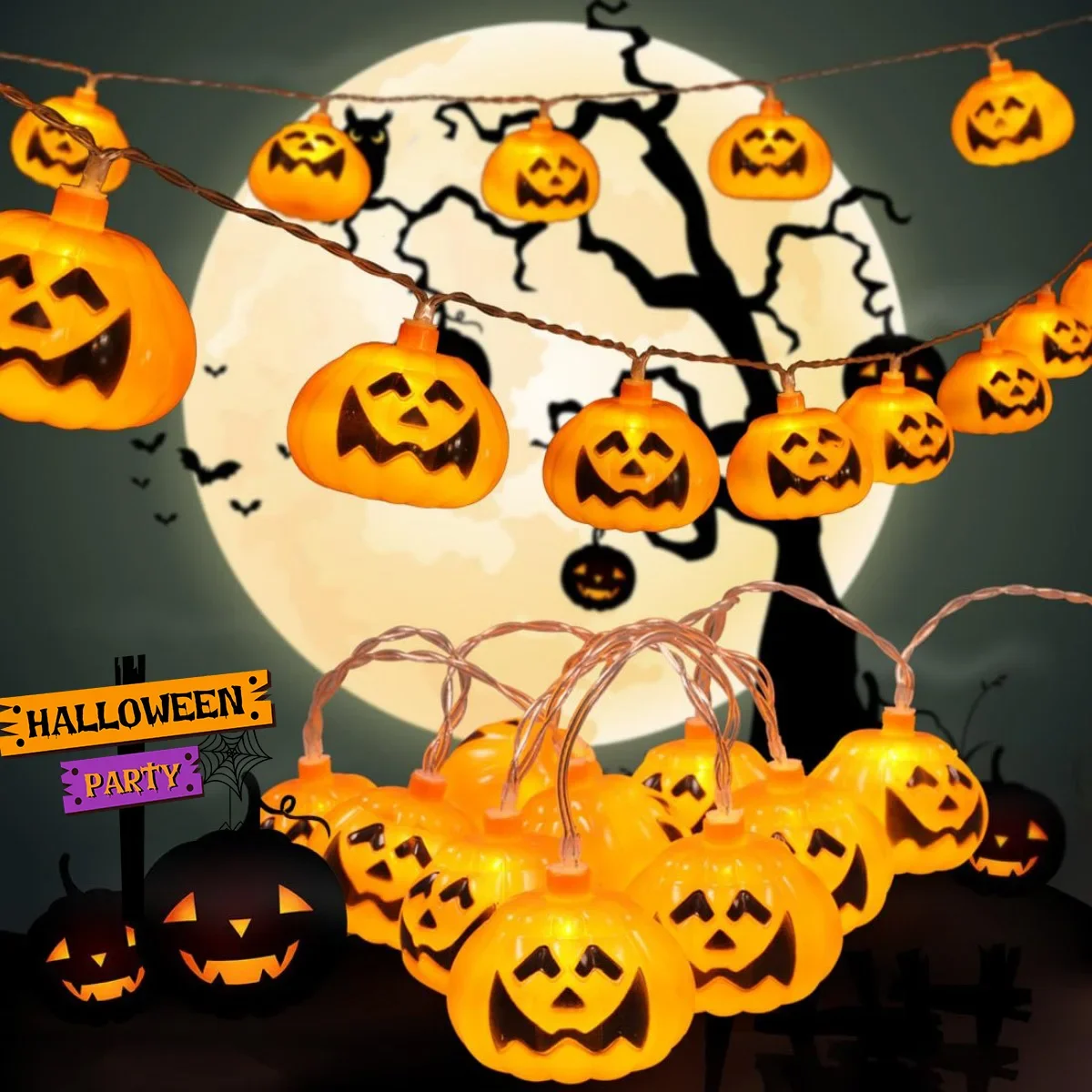 Pop 1PC 10/20LED Halloween Smile Pumpkin String Lights Battery Powered Indoor Outdoor Fairy Atmosphere Light Suitable For Home D