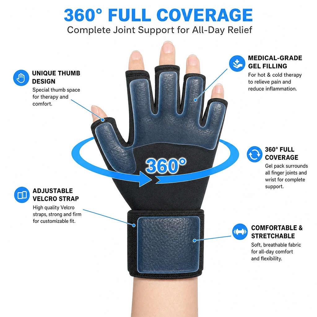 SSUNTAK Reusable Gel Hot Ice Therapy Half Finger Glove Hand Ice Pack Glove Swelling Pain Relief Cooling Protective Hand Brace