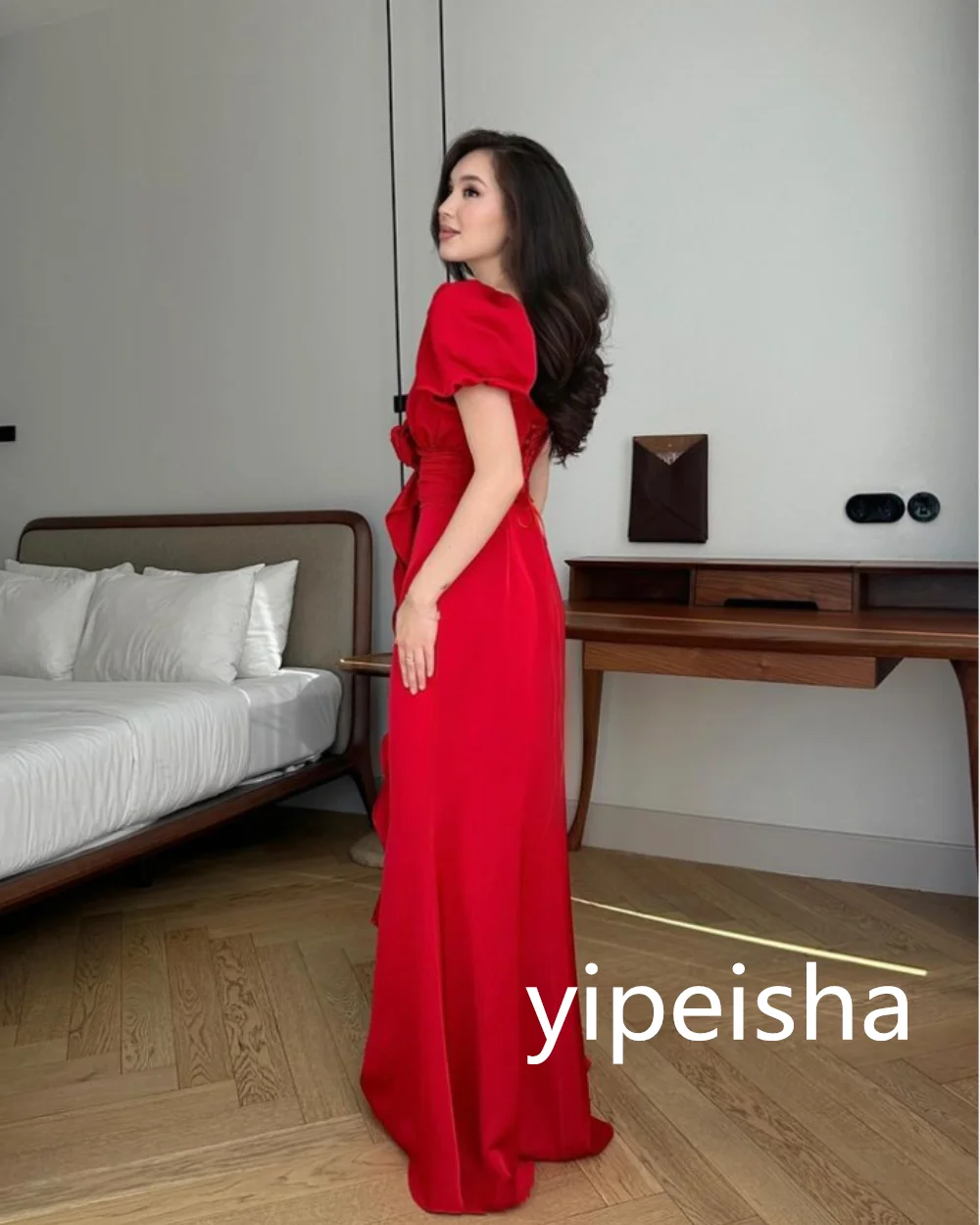 Customized Mermaid V-neck Flowers Prom Gowns Jersey Floor-Length Red Cocktail Dresses فساتين للمناسبات الخاصة  Party Dresses