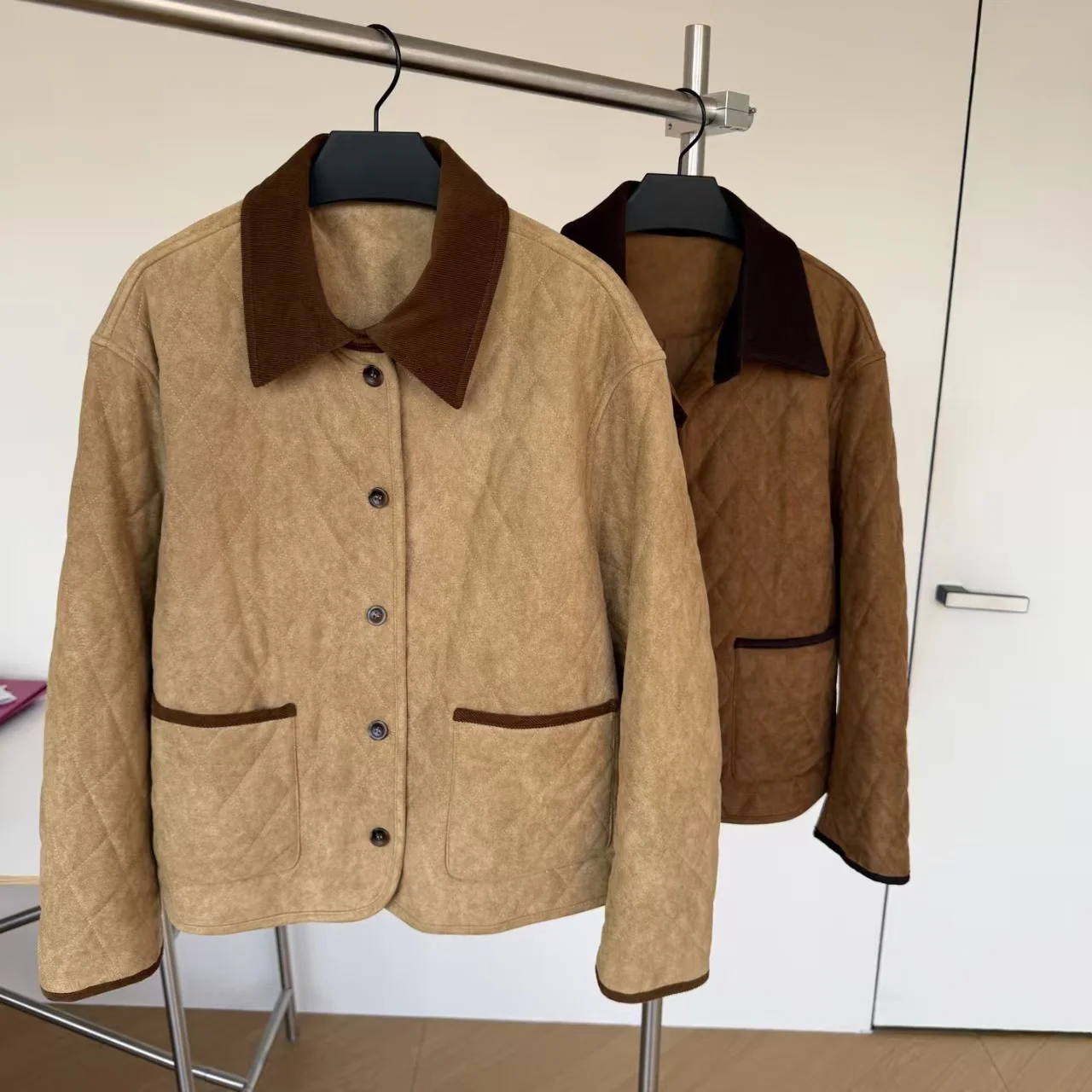 Autumn and winter new vintage diamond grid quilted contrasting corduroy collar with wool cotton lining for women's outerwear