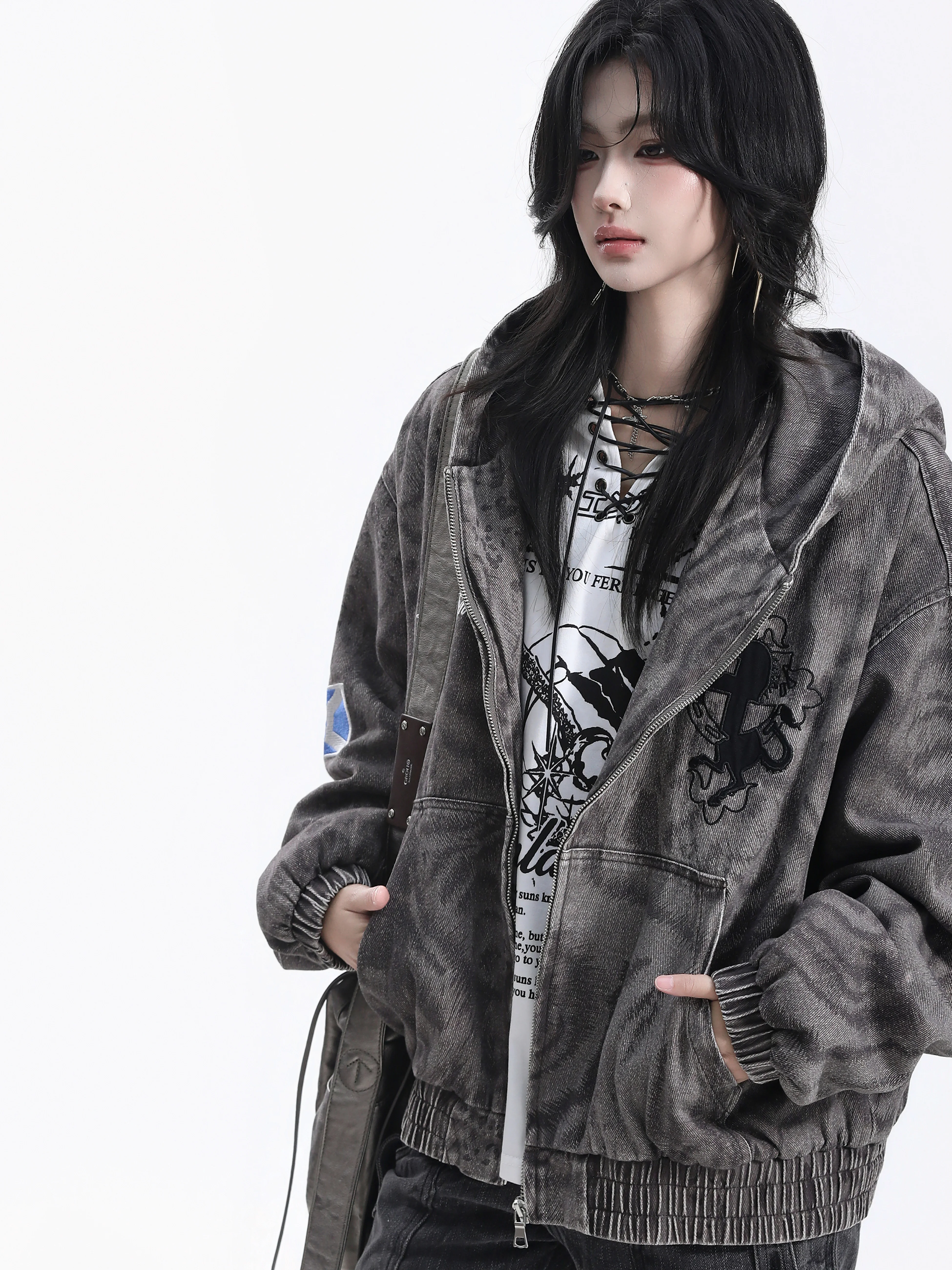 American Style Oversize Leopard Print Jacket with Hood Zipper Female Embroidery Neutral Style Cotton Polyester Blend Coat