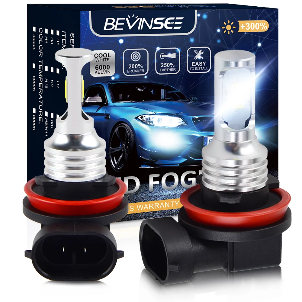 BEVINSEE H11 H8 H9 LED Fog Light Bulbs H3 HB4 9006 LED Fog Lamp Same Size As Halogen Fanless Wireless Lights Bulb for Vehicles