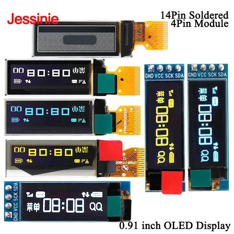 0.91 inch OLED Display 0.91'' LCD SSD1306 Driver I2C Serial Interface 128x32 4Pin Module 14Pin Soldered Bare Screen White Blue Y