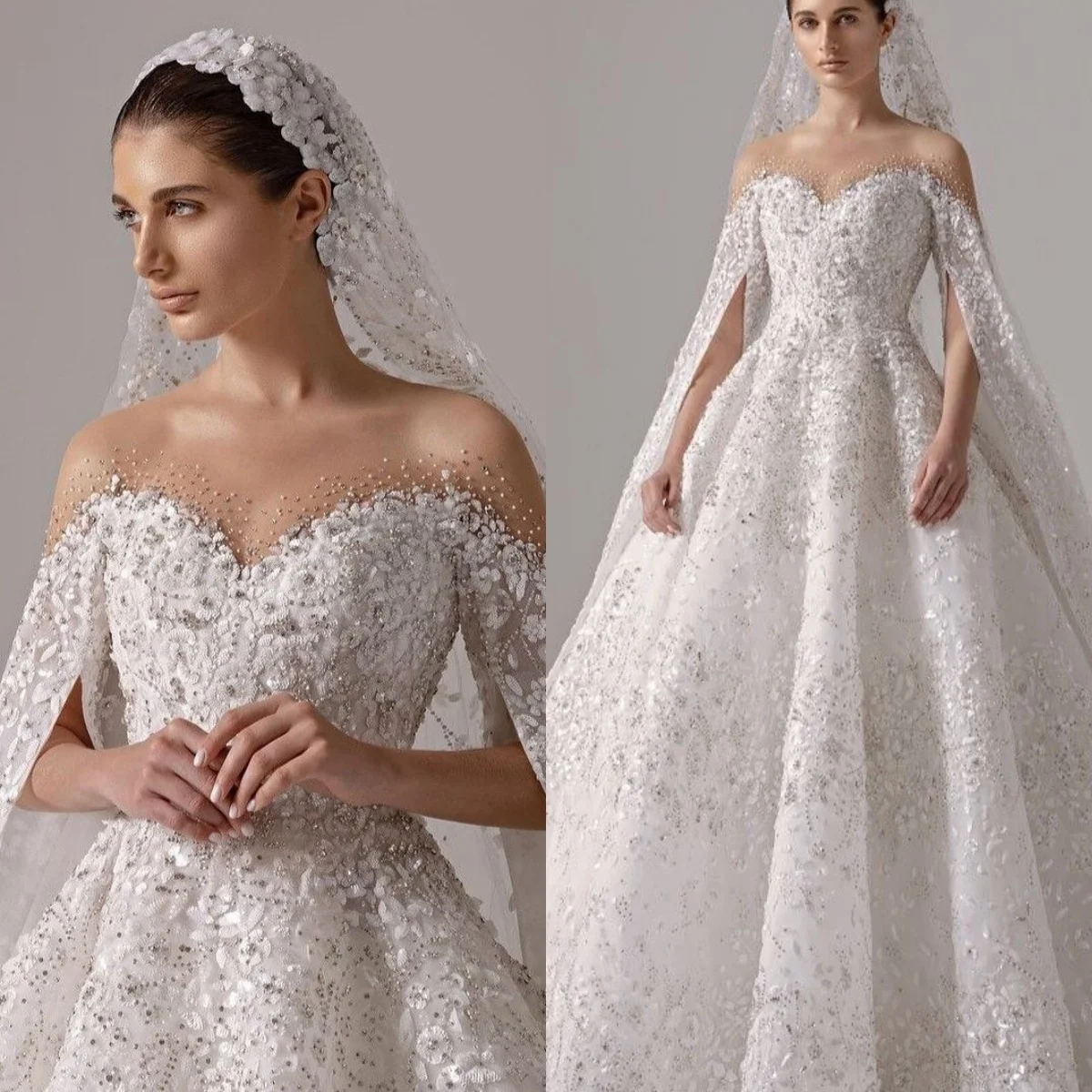 فستان زفاف رسمي فاخر أبيض مخصص قبالة الكتف وأكمام طويلة ذيل شابيل لحفلات الزفاف كريستال زي العرائس