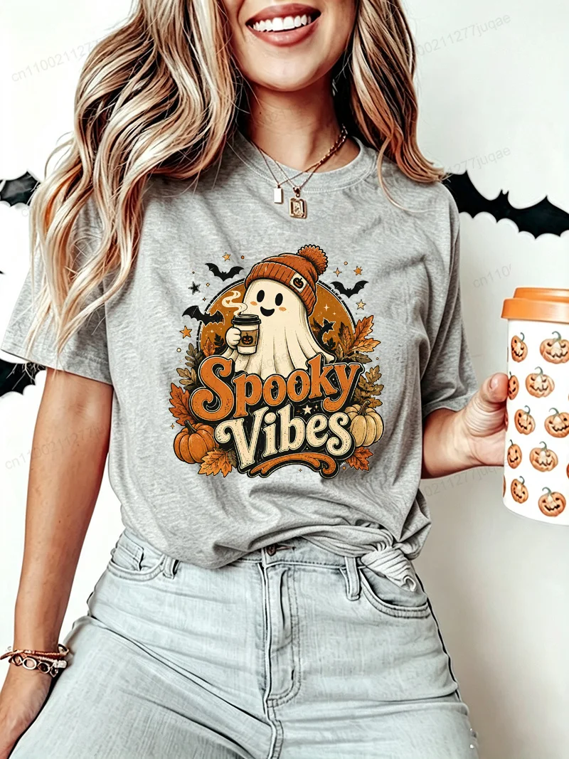 Damen Halloween Spooky Vibes Geister-Print T-Shirt Geister-Kaffee-Kürbis-Fledermaus-Grafik-T-Shirts Kurzarm-Oberteile Halloween-Party-T-Shirt – Detail 6