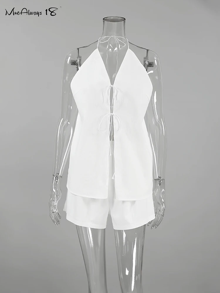 Mnealways18 White Sexy Halter Neck Backless Tops And Wide Legs Shorts Two Pieces Sets Summer Vacation 2024 Cotton Linen Suits