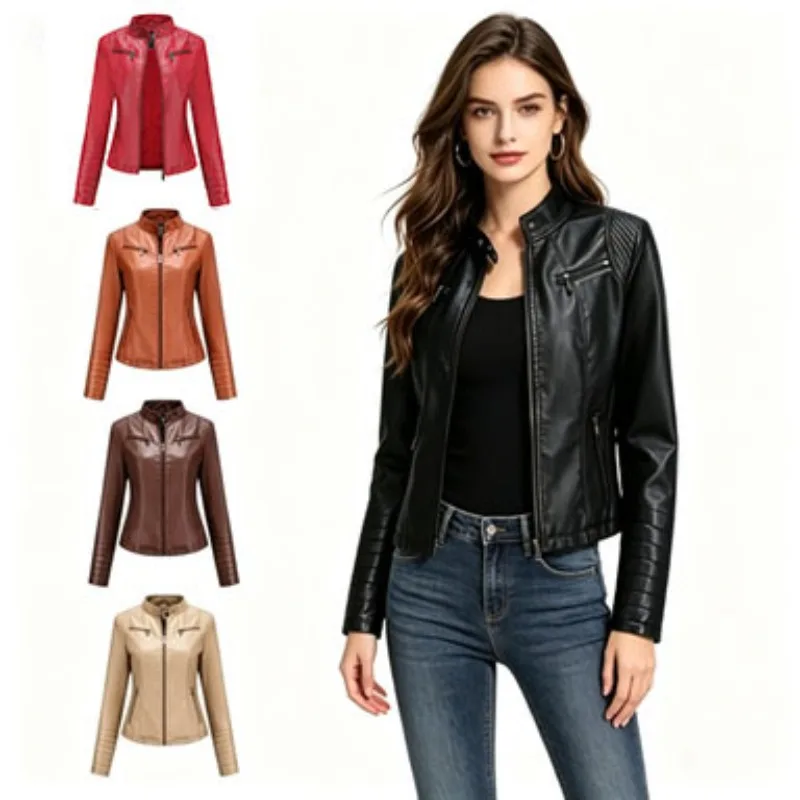 

Women's Leather Jacket Spring and Autumn PU Locomotive Short Fashion Jacket Stand-up Coat Casual Slim Fit Trendy Streetwear Top