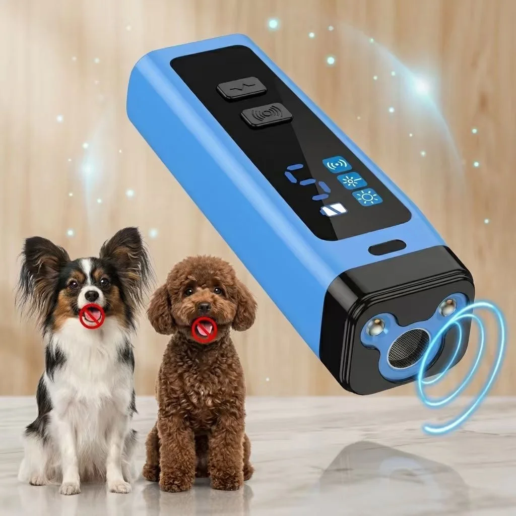 Ditital DisplayUltrasonic Dog Bark Deterrent,Dual Transmitters Handheld Anti Barking Training Device with Flashlight