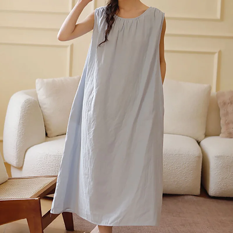 Home Wear Full Cotton Double-layer Gauze Sleeveless Long Skirt Women Spring Fall Casual Wrinkled Cloth Pajamas Homewear Set