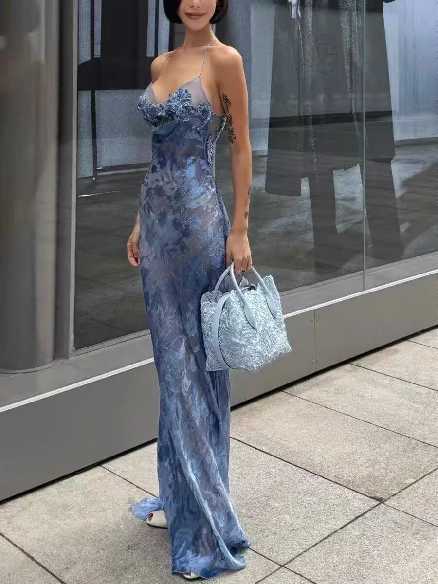 

Sexy Women's Hollow Out Jacquard Silk Spaghetti Strap Mermaid Dress Luxury Floral Embroidered Slim Blue Long Evening Dress