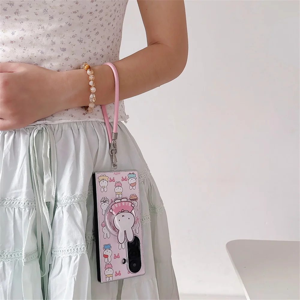 Urocze różowe etui magnetyczne z króliczkiem Miffy do Samsung Galaxy Z Fold 8 7 6 5 Fold 6 Fold 5 6 7 z podstawką Magsafe i łańcuszkiem — zdjęcie produktu 4