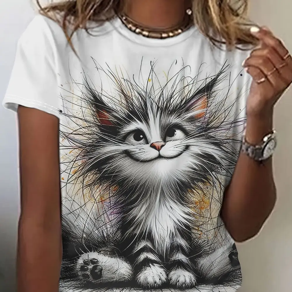 Hairy Cat Print O-neck Women's T-shirt Spring And Summer Short Sleeved Casual Top Lightweight Street Style Personalized T-shirt