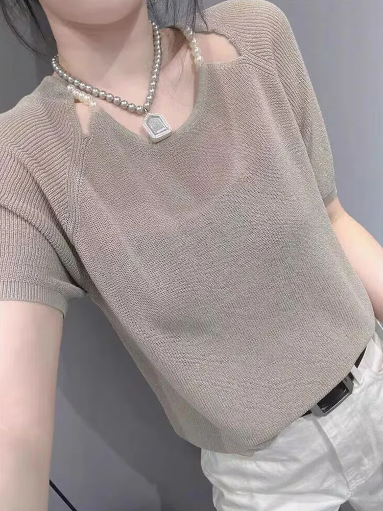 

Faionable Hollow out Silk Knitwear ort Sve Women's Top Korean Sle Commute Versatile Sli Summer 2025