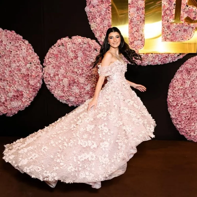 Shiny Pink Quinceanera Dress Lace 3D flower off-shoulder Tull glitter decal vestidos de 15 Quinceanera ﻿Customized