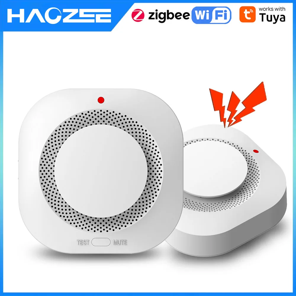 Haozee Tuya Smart Zigbee/Wifi Smoke Detector Smart Fire Fire Protection Home Security Alarm Sound Light Alarm APP Control