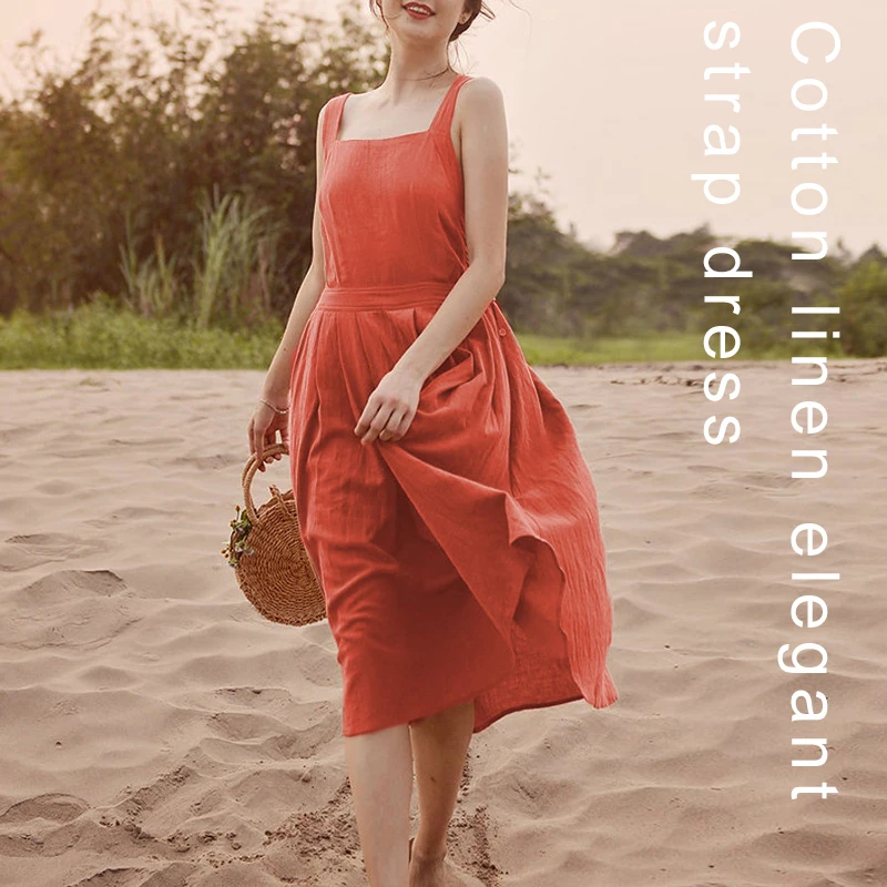 

Summer Cotton And Linen Women's Dress Sleeveless Backless Cross Bandage Sexy Solid Color Casual Beach Dresses vestidos para muje