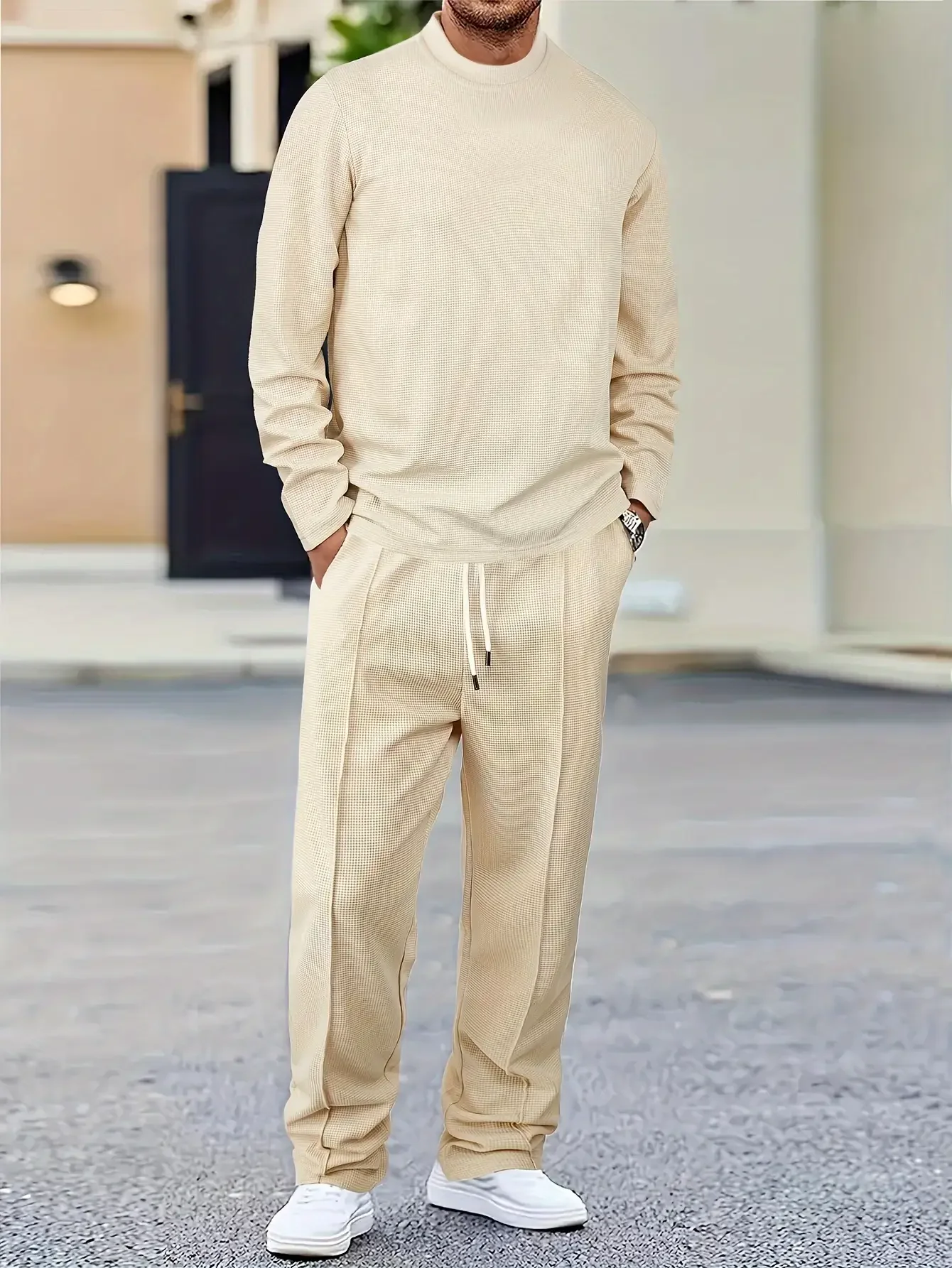 

Men's 2-piece solid color waffle plaid casual suit top long sleeved round neck long sleeved pullover sweatshirt and solid color