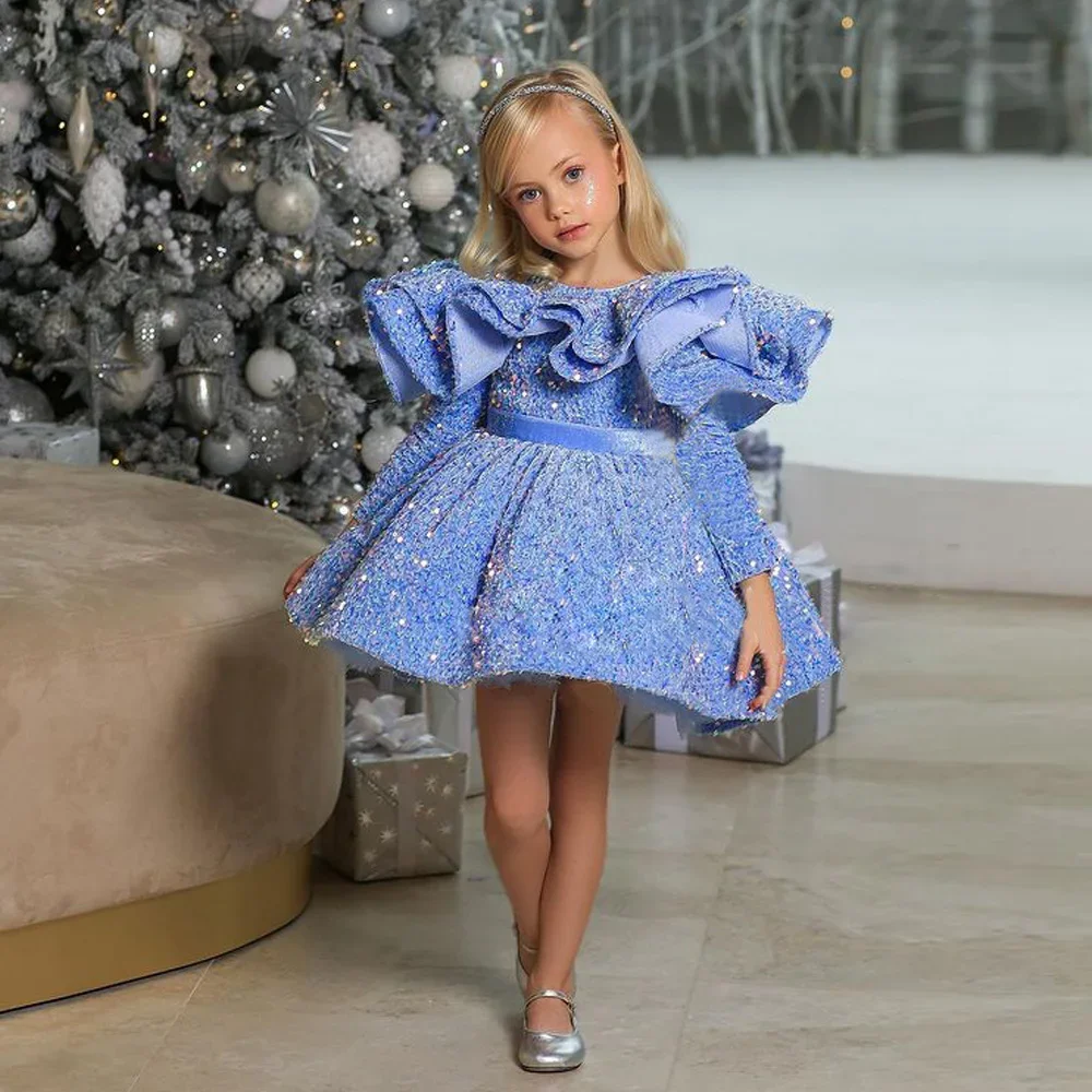 

Blue Glitter Illusion Lush Girl Party Dresses Elegant Fluffy Girl Princess Dress Shiny luxurious Birthday Wedding Dress Girl