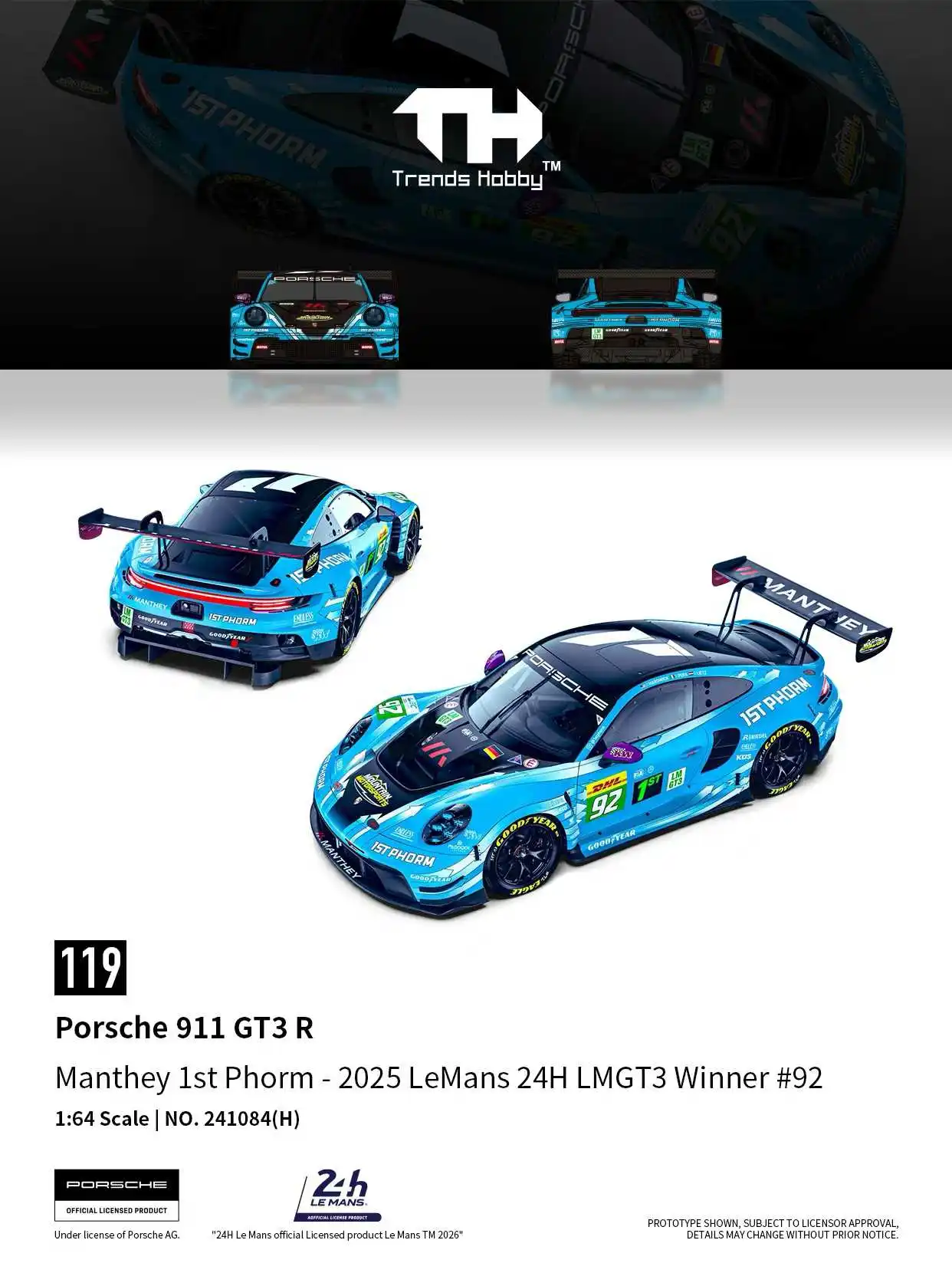 TH-Trends Hobby 1/64 Porsche 911 GT3 R EMA Motorsport- 2024 LeMans 24H LMGT3 Sieger # 91 Abnehmbarer Bezug Auto-Modell aus Zinkdruckguss – Detail 7