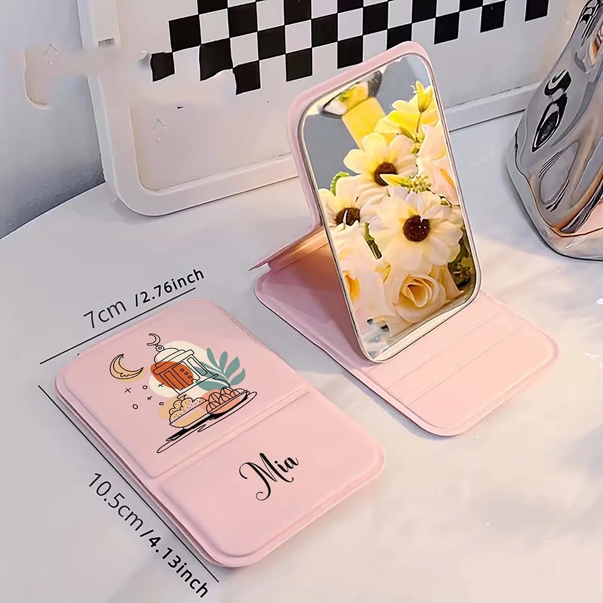 Customized Double-sided Folding Makeup Mirror Compact, lightweight, and easy to carry Ins style PU leather folding mirror Heart
