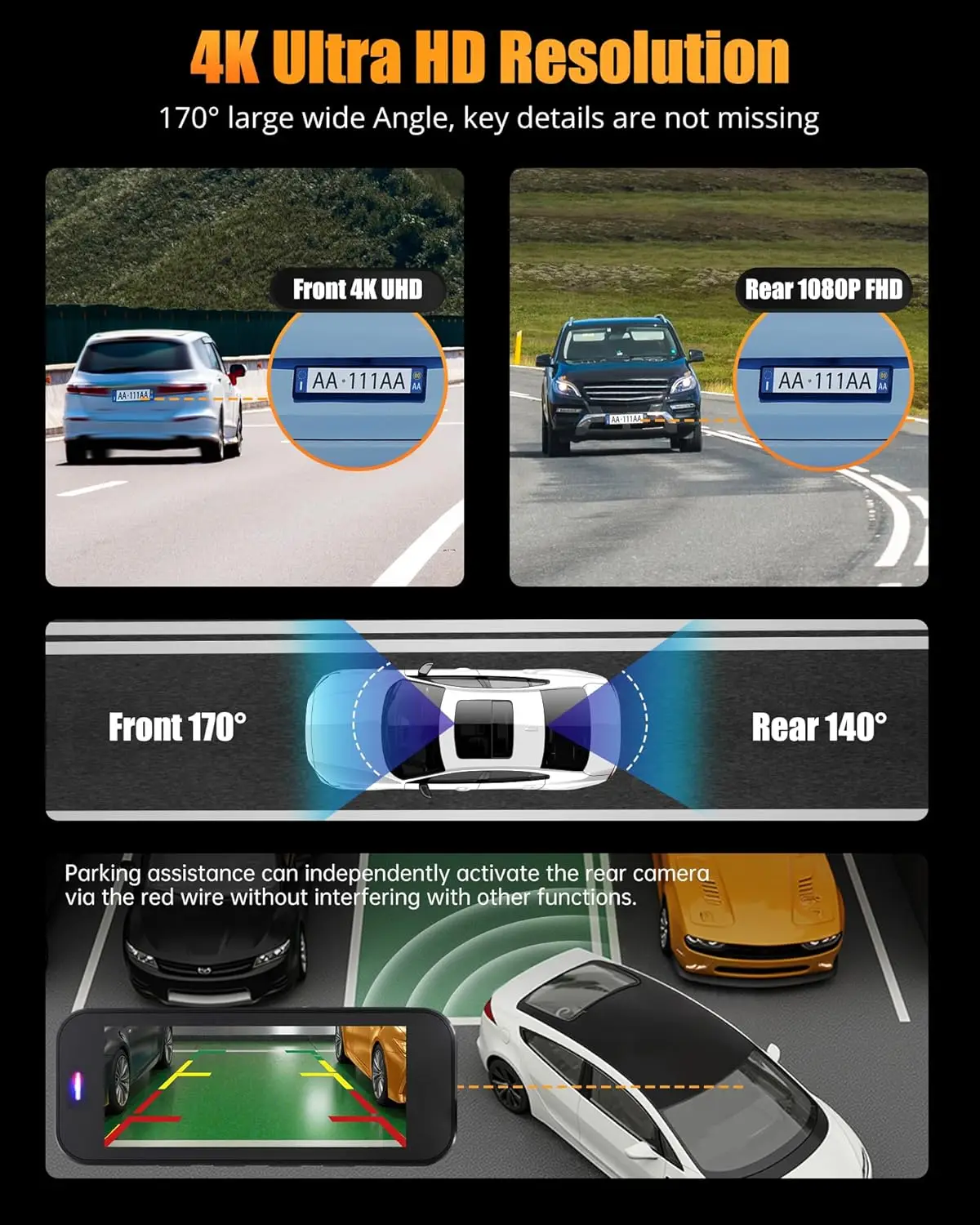 

4K+1080P Dual Dash Camera for Cars with 5G WiFi, Built-in 32GB Card, Night Vision