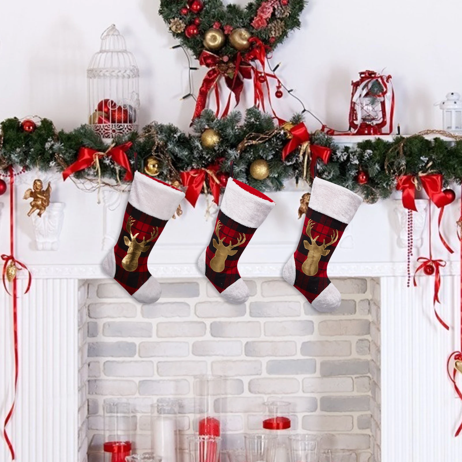 

20 Inches 3pcs Fireplace Christmas Hanging Stockings for Family Christmas Tree Decorations Xmas Stockings-Red and Black