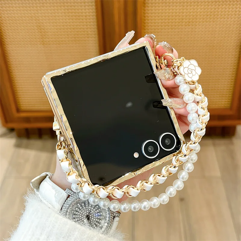 موضة تموجات الماء ليوبارد طباعة جراب هاتف لسامسونج غالاكسي Z فليب 7 6 5 4 3 Flip5 Flip6 Flip7 غطاء مع سلسلة حالات لطيف