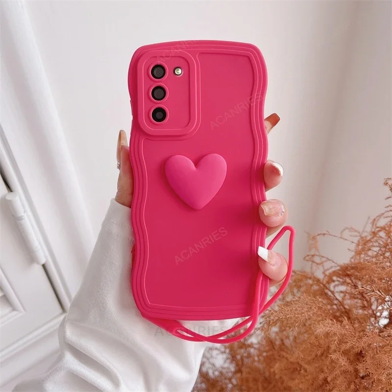 S 24 23 22 21 Love Heart Wavy Silicone Case For Samsung Galaxy S23 S21 S20 Fe S24 S22 Plus Ultra S10 S9 Lanyard Cover Note 20 10